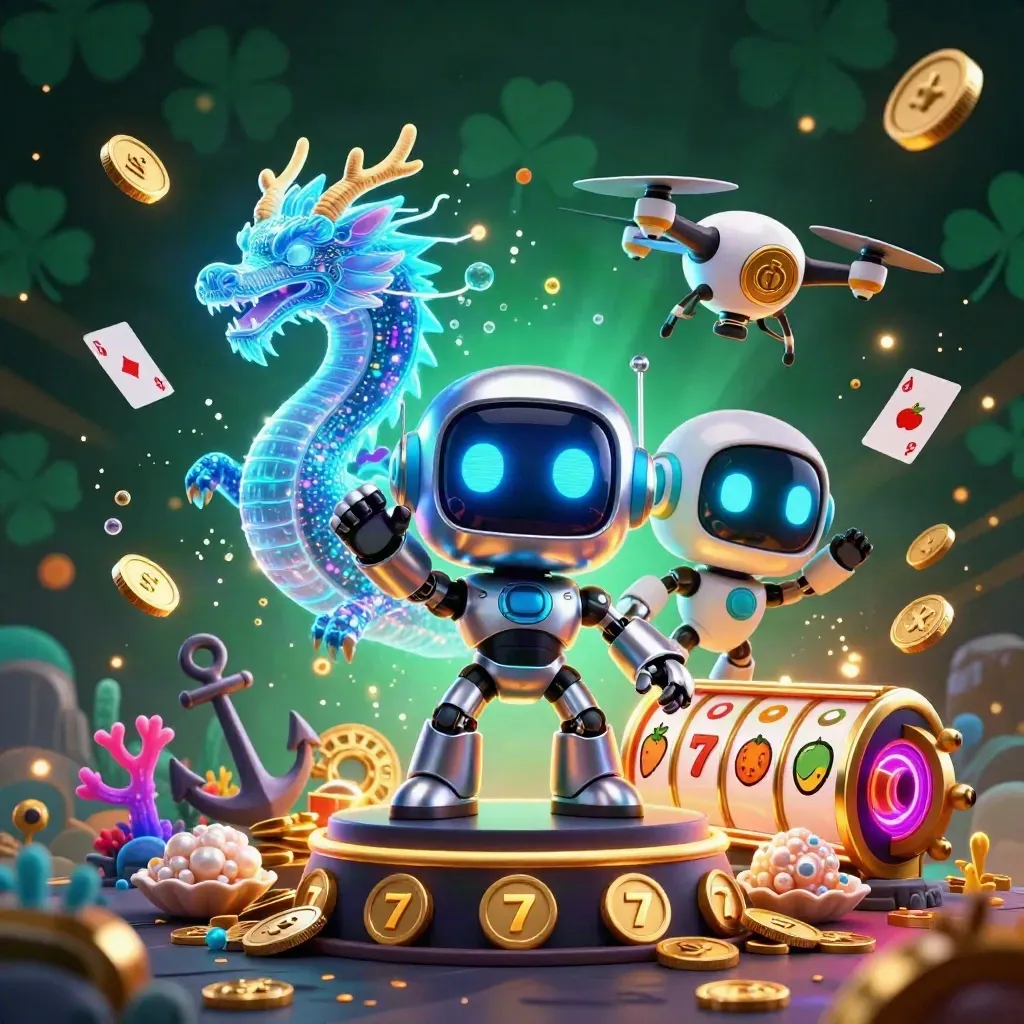 Robot mascot, holographic dragon, and coin drone in a glowing treasure-cove casino burst