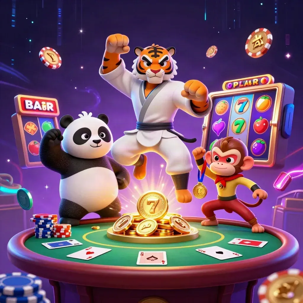 Tiger, panda, and monkey in casino kung-fu action with chips, cards, and neon energy.