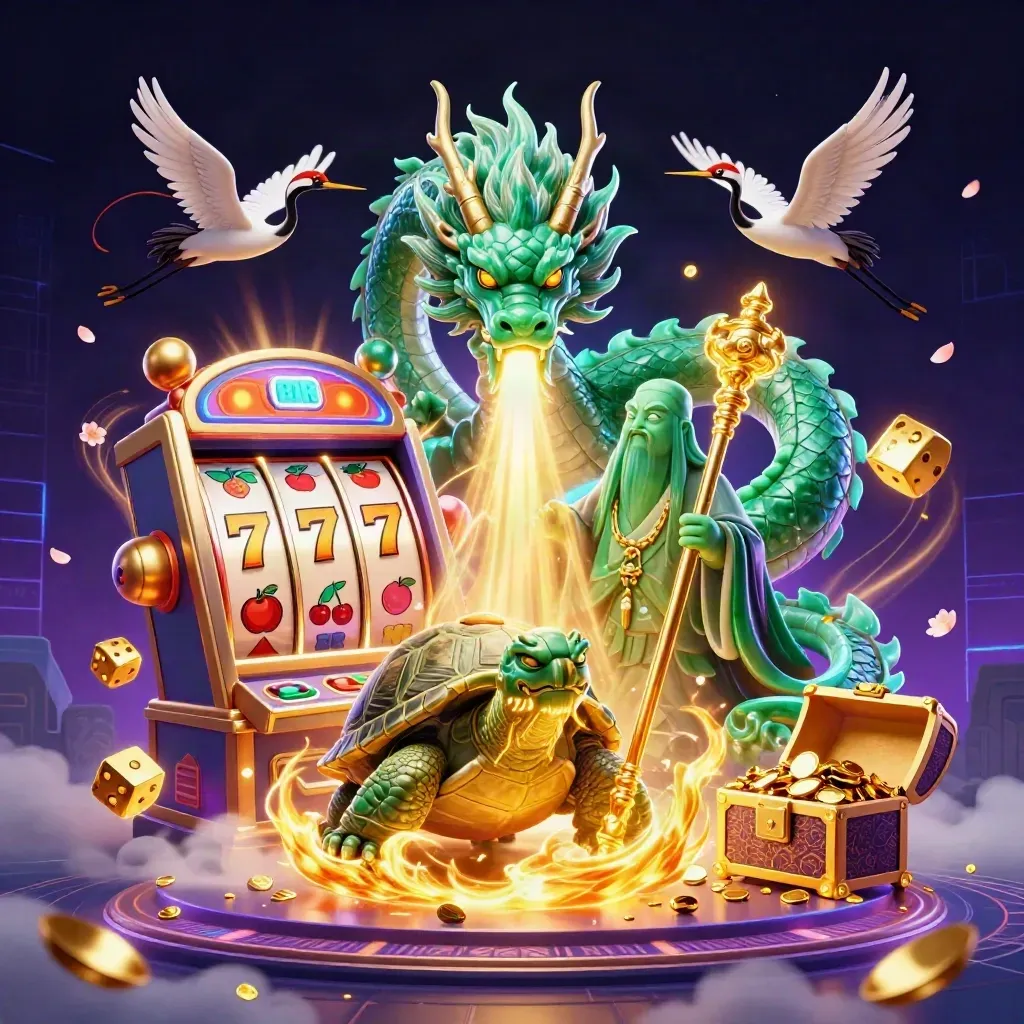 Emerald dragon, turtle sage, and cranes amid slot reels, gold, and neon casino energy.