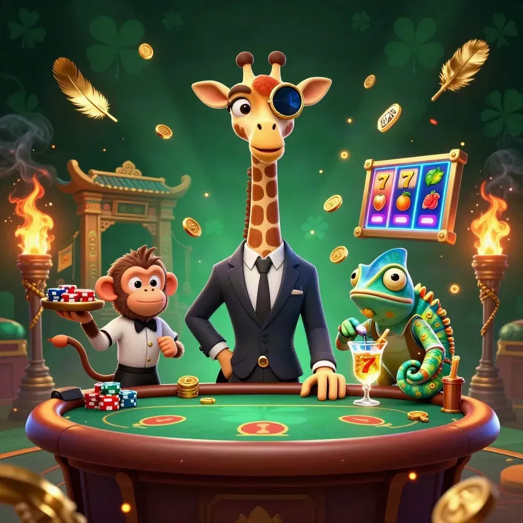 Giraffe high roller, monkey valet, and chameleon bartender at a glowing poker table with casino effects