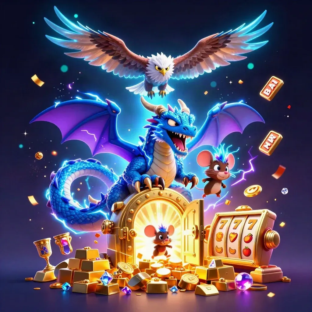Thunder dragon, wind hawk, and static mouse amid vault gold, reels, sparks, and neon casino magic