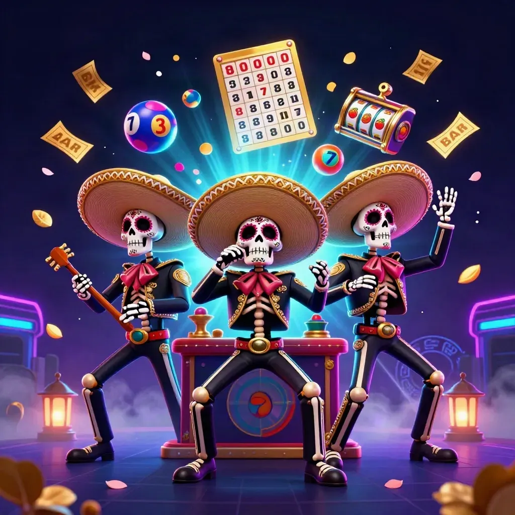 Skeleton mariachi trio with casino props in neon violet, cyan and gold