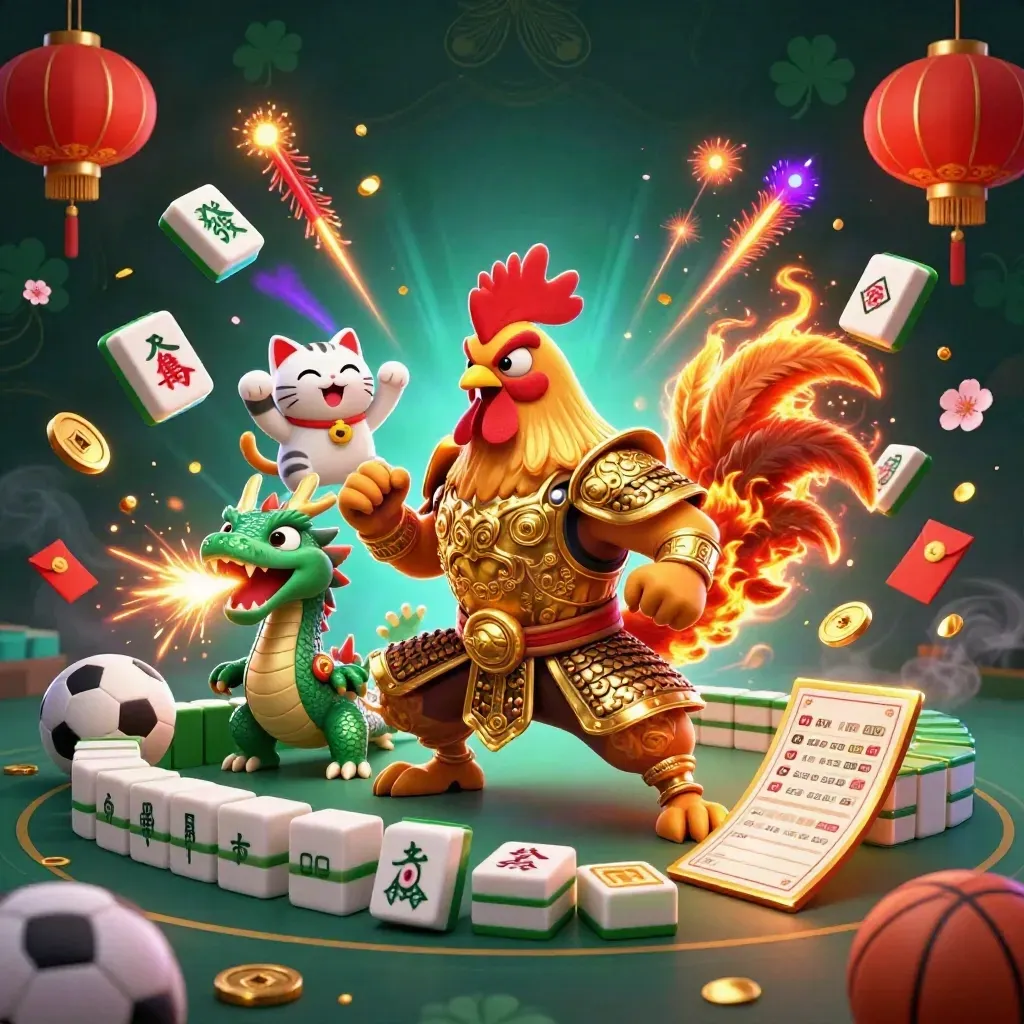 Rooster warrior, dragon hatchling, and fortune cat amid neon casino rewards