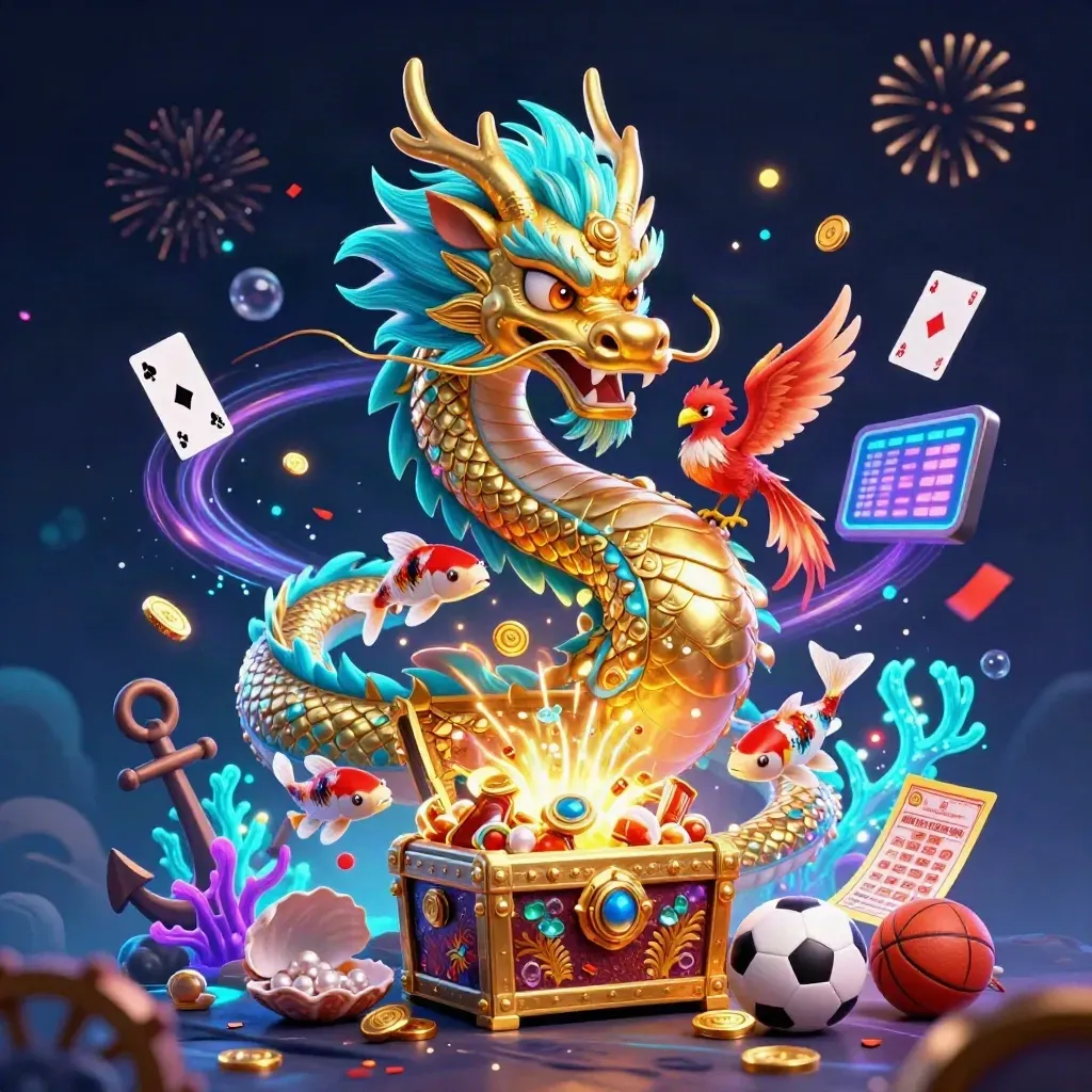 Golden dragon, phoenix, koi and casino treasures in a neon underwater cove