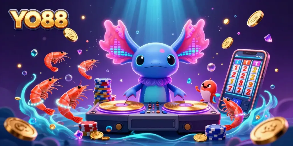 Experience the excitement of YO88 with a lively 3D scene featuring a DJ, dancing shrimp, and dazzling casino elements.