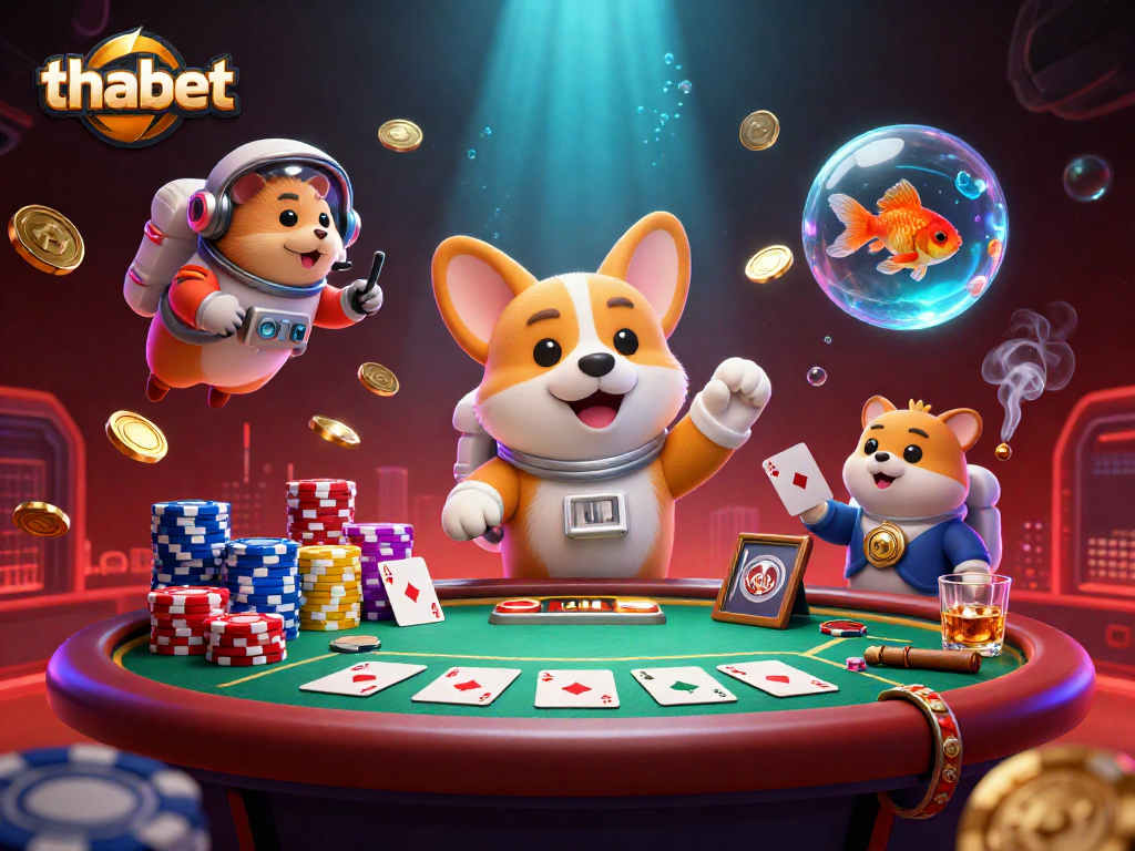 Experience thabet's cosmic gaming adventure with a 3D cartoon astronaut corgi in a vibrant casino.