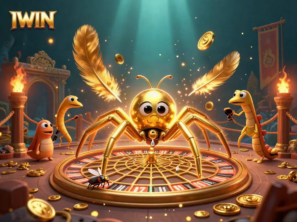 IWIN transforms into a vibrant gambling world with a golden spider managing bets in a dynamic scene.