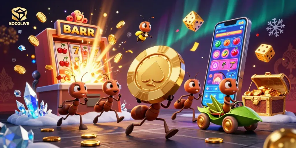 SOCOLIVE showcases a vibrant heist scene with animated ants and casino elements, highlighting excitement and engagement.