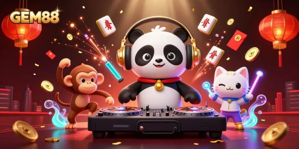 GEM88 offers players vibrant casino excitement with a DJ panda, dancing monkey, and rave kitten.