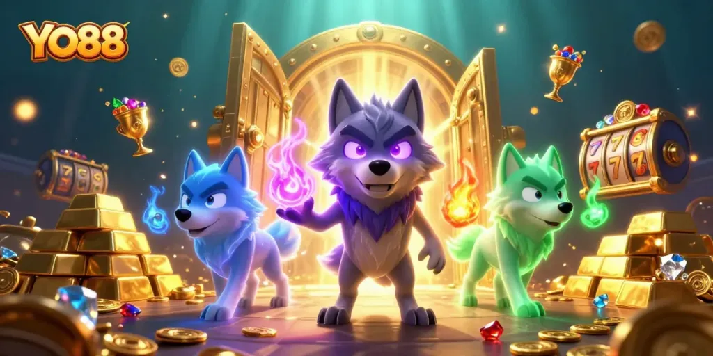 Experience the thrill of YO88 with ghostly wolves, riches, and slot reels swirling in action.