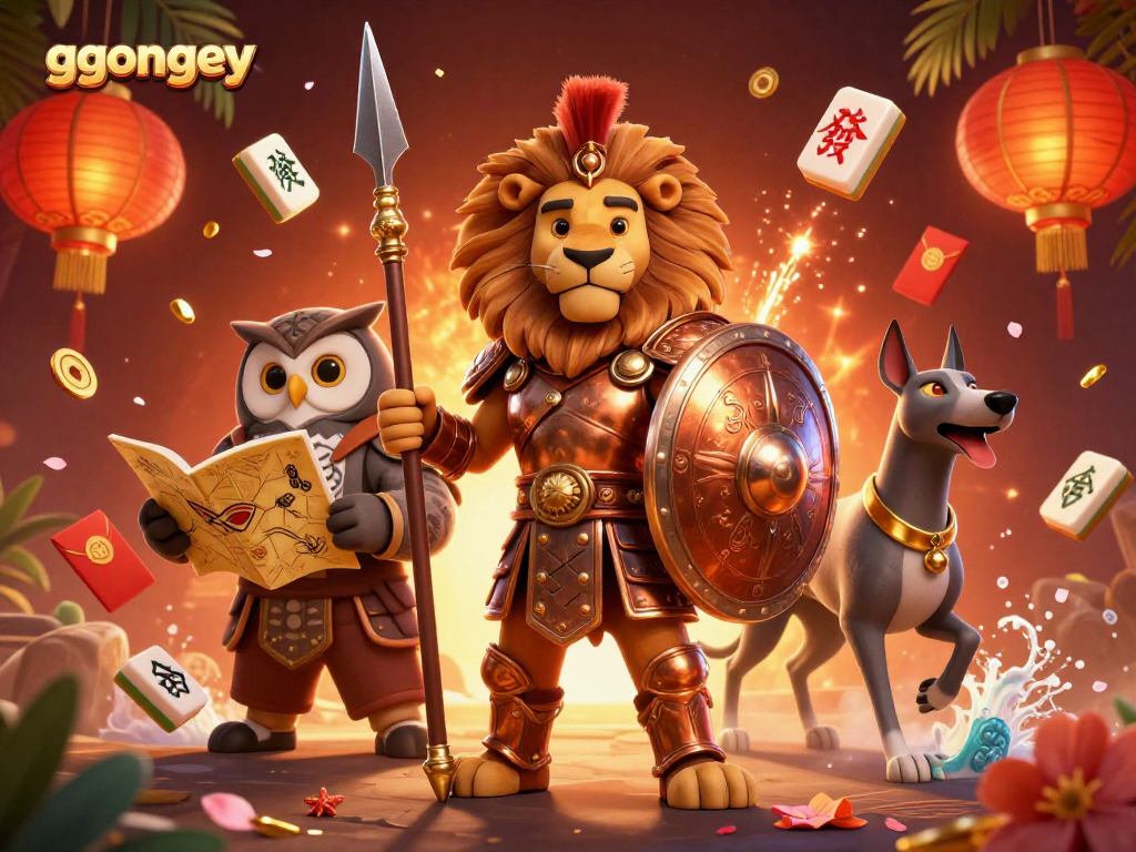 ggongey promotes thrilling casino adventures with a Spartan lion, owl strategist, and greyhound messenger.