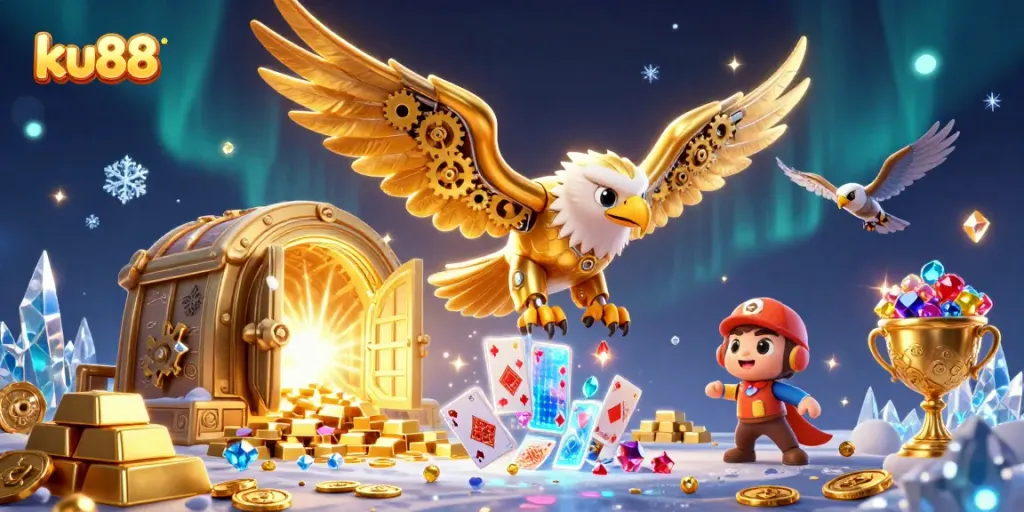 ku88 players dive into excitement with a golden eagle amidst colorful cards and treasure