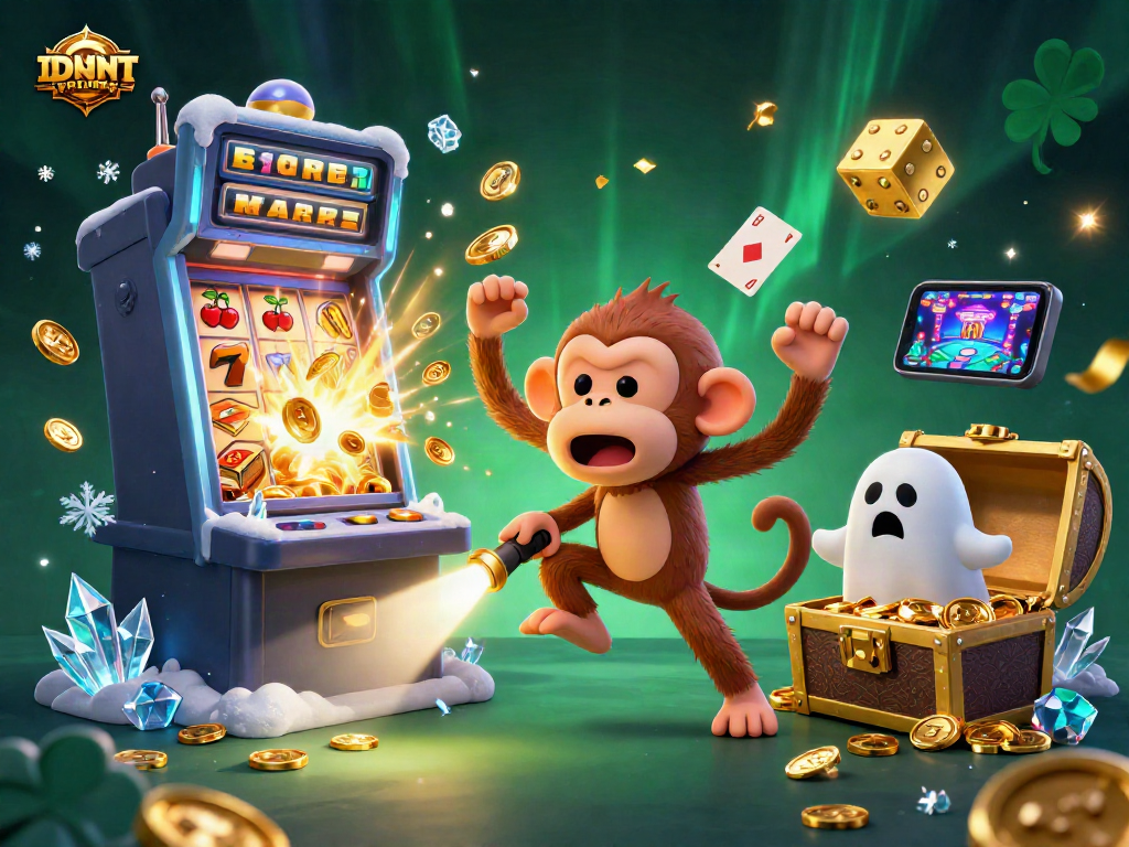 IDNSCORE showcases a mischievous poltergeist monkey juggling golden casino items in a haunted setting.