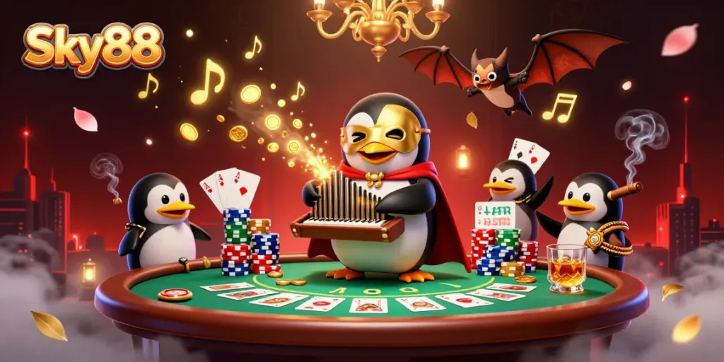 Sky88 casino scene showcasing a penguin playing an organ while magical coins and poker elements surround.