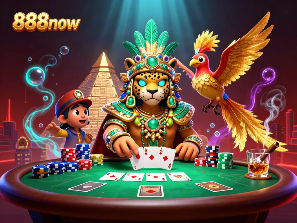 Engage in thrilling games at 888now with a vibrant scene showcasing a poker showdown between powerful characters.