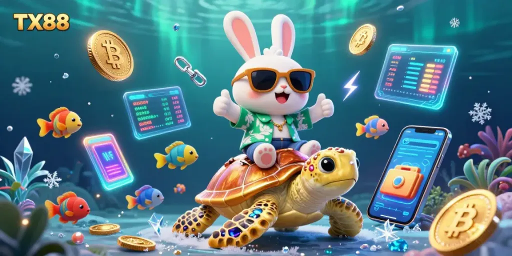 Experience the thrill of TX88 with a joyful rabbit and golden sea turtle amid vibrant casino elements and crypto icons.