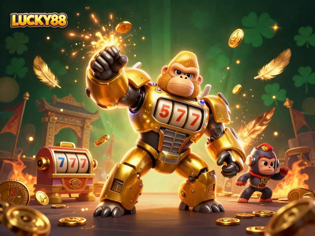Experience thrilling slots with LUCKY88, featuring a golden mech and vibrant game elements.