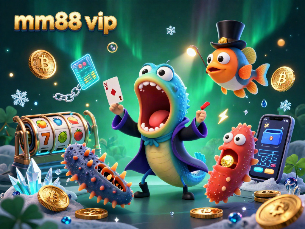 Engaging mm88 vip scene showcasing a bioluminescent eel magician entertaining with vibrant casino elements.