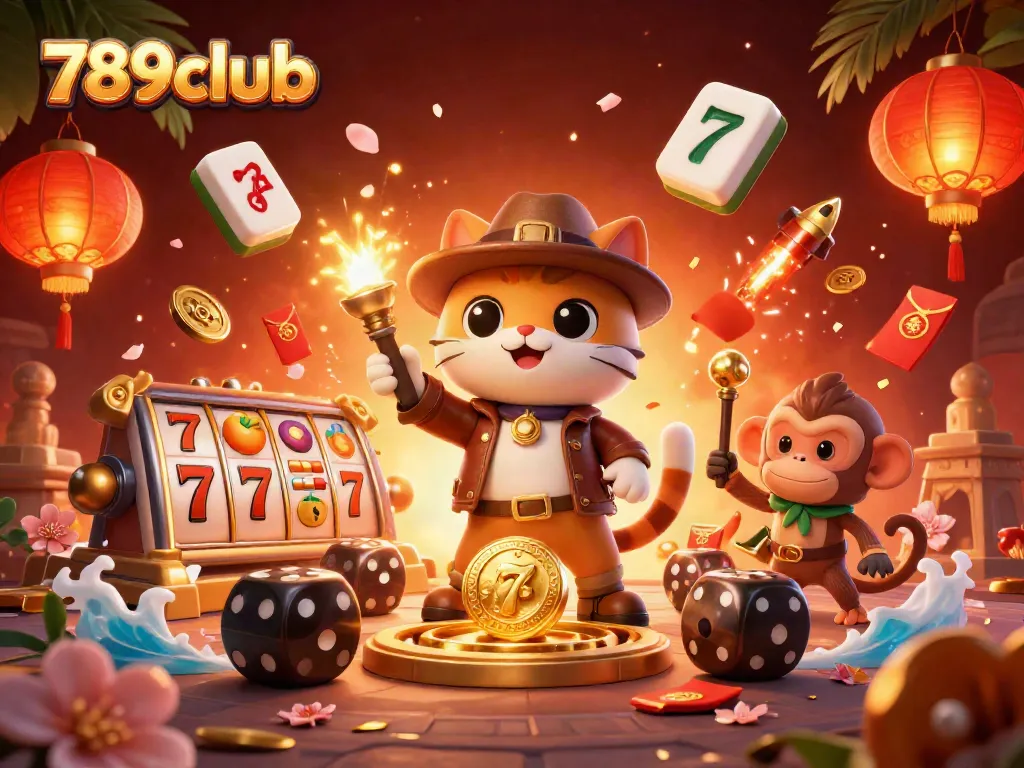 Join the adventure with 789clubb as the explorer cat finds treasures in a lively casino setting.