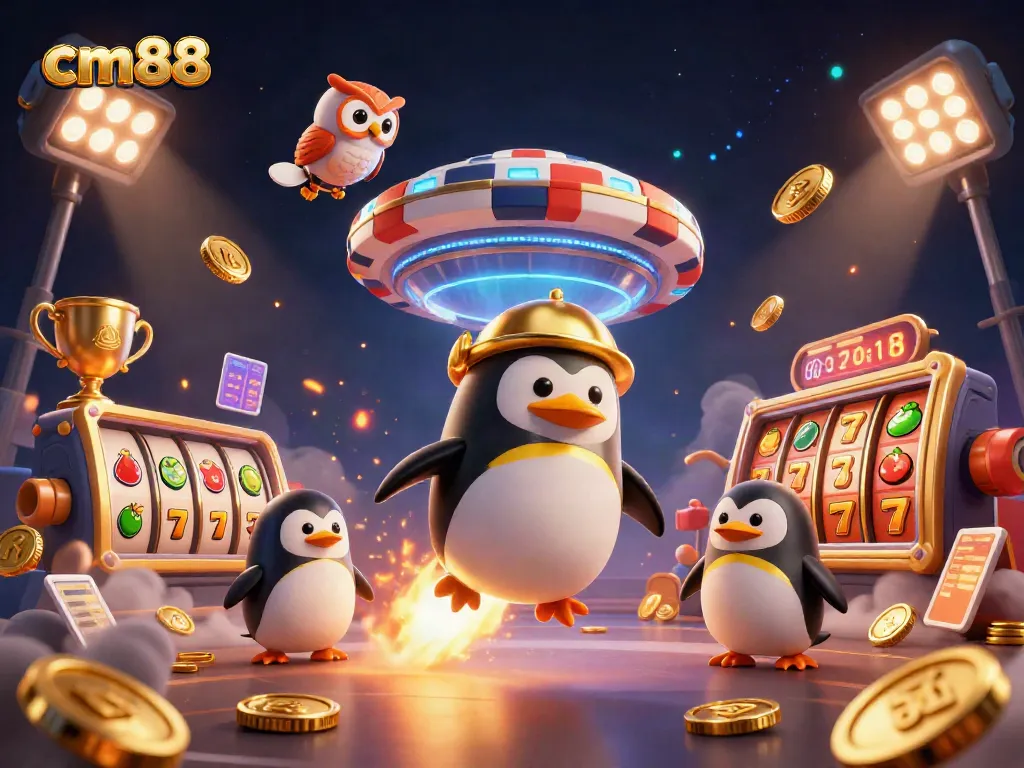 Win big at cm88 with an exciting casino atmosphere featuring golden coins, penguins, and slot reels.