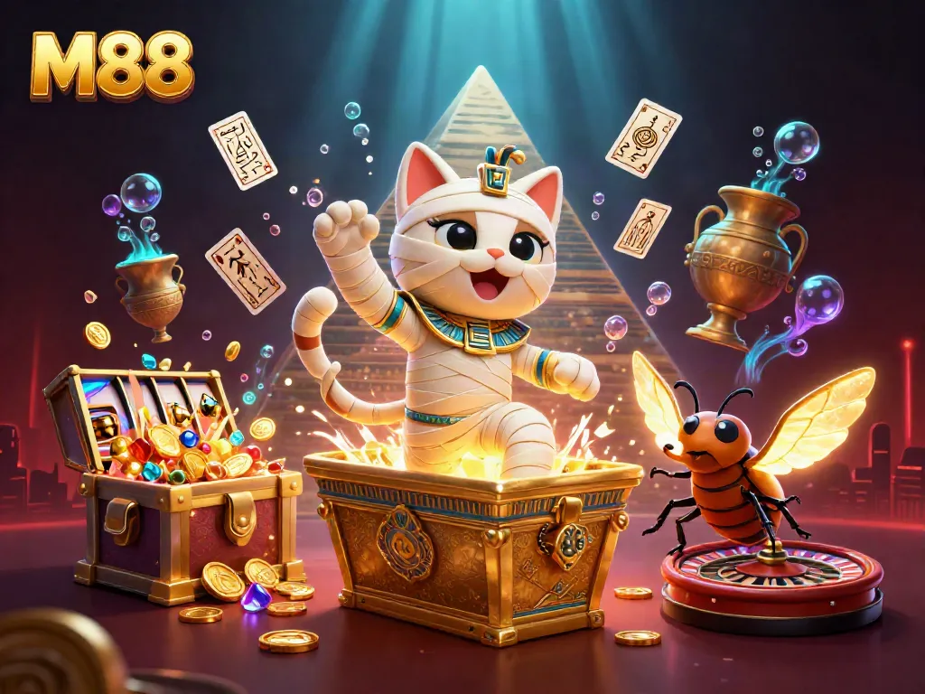 M88's vibrant pyramid casino scene featuring a cartoon mummy cat, dynamic slot reels, and floating playing cards.