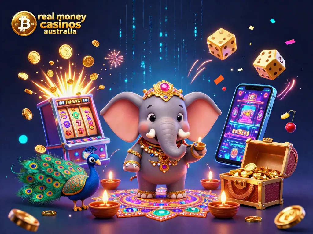 Experience real money bitcoin casinos Australia with vibrant 3D illustrations showcasing exciting gaming elements.