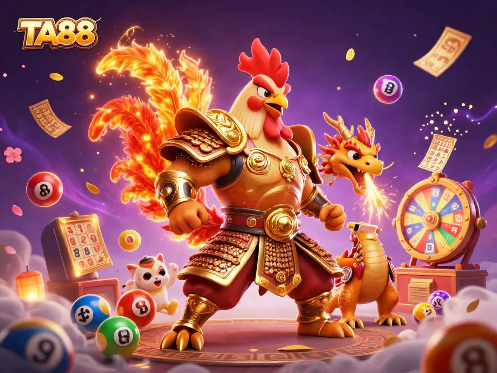 Experience winning with TA88 as a powerful fighting rooster warrior and dragon hatchling celebrate over casino prizes.
